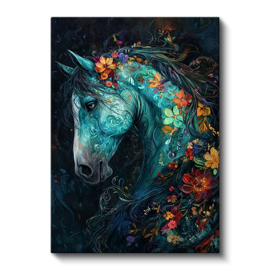 Çiçekli Turkuaz At - Fantastik Düşlerin Büyülü Atı Kanvas Tablo