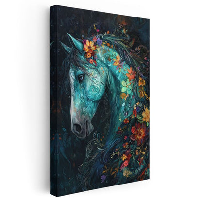 Çiçekli Turkuaz At - Fantastik Düşlerin Büyülü Atı Kanvas Tablo