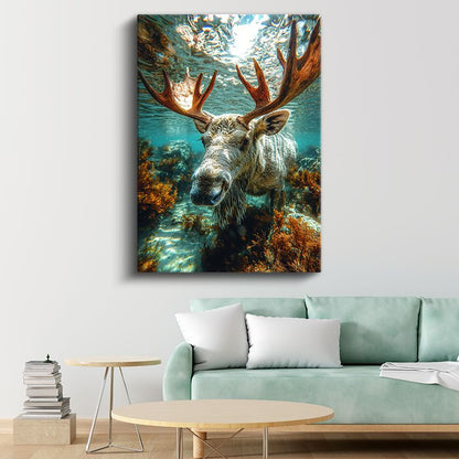 Su Altı Geyiği - Mercan Resiflerinde Yüzen Efsanevi Geyik Kanvas Tablo