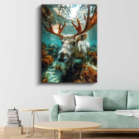 Su Altı Geyiği - Mercan Resiflerinde Yüzen Efsanevi Geyik Kanvas Tablo