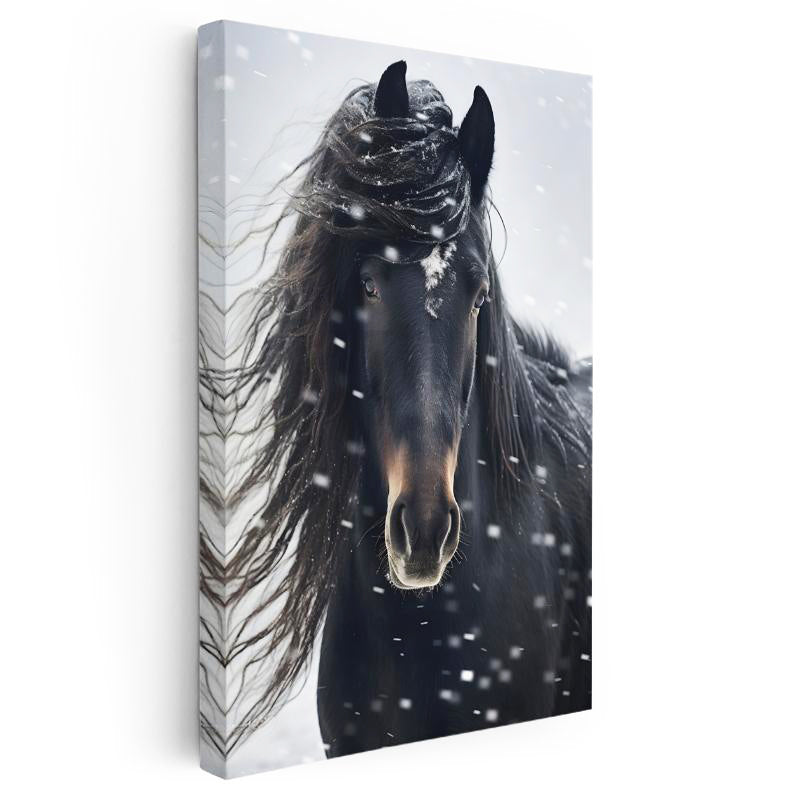 Dikey Kanvas Tablo Kış Temalı Yeleli At Tablosu Ev Ofis Duvar Dekoru