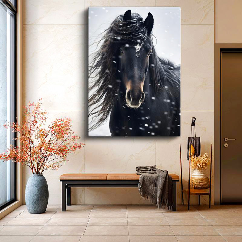 Dikey Kanvas Tablo Kış Temalı Yeleli At Tablosu Ev Ofis Duvar Dekoru