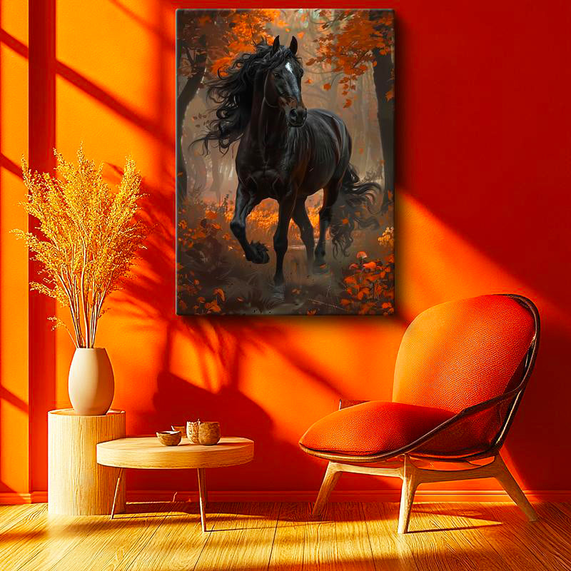 Dikey Kanvas Tablo Sonbahar Temalı At Tablosu Ev Ofis Duvar Dekoru