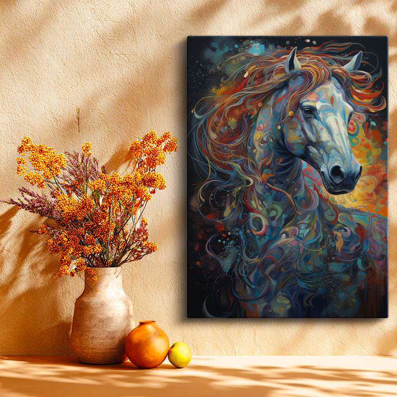 Dikey Kanvas Tablo Soyut Renk Geçişli At Tablosu Ev Ofis Duvar Dekoru