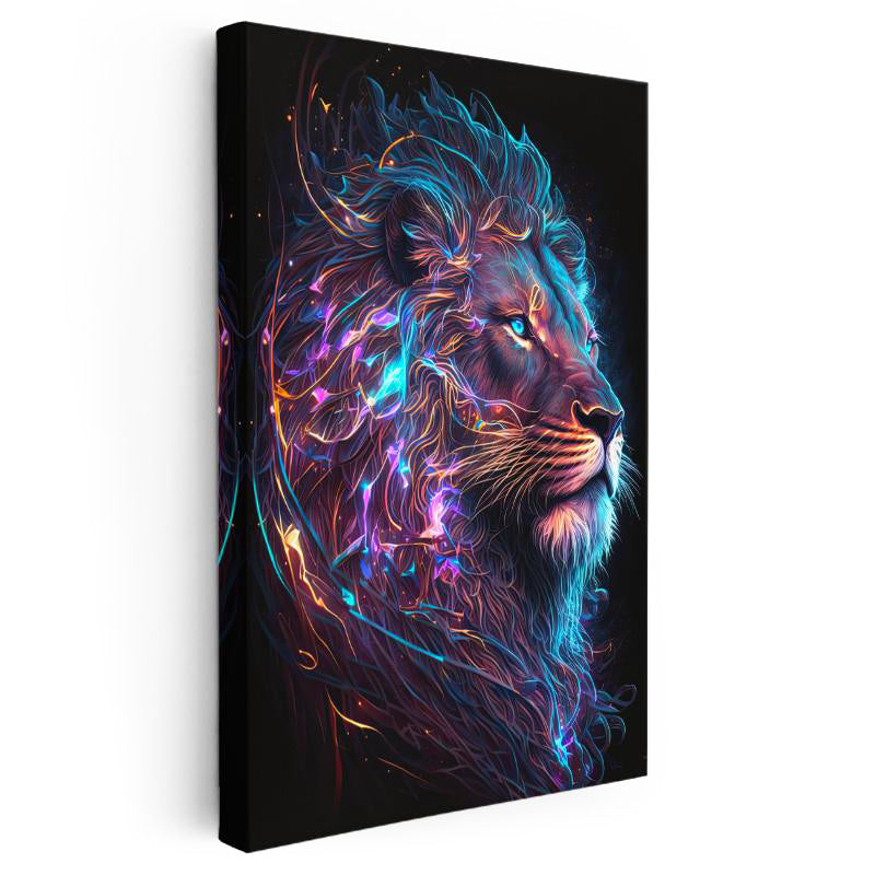 Dikey Kanvas Tablo Neon Çizgisel Aslan Tablosu Ev Ofis Duvar Dekoru