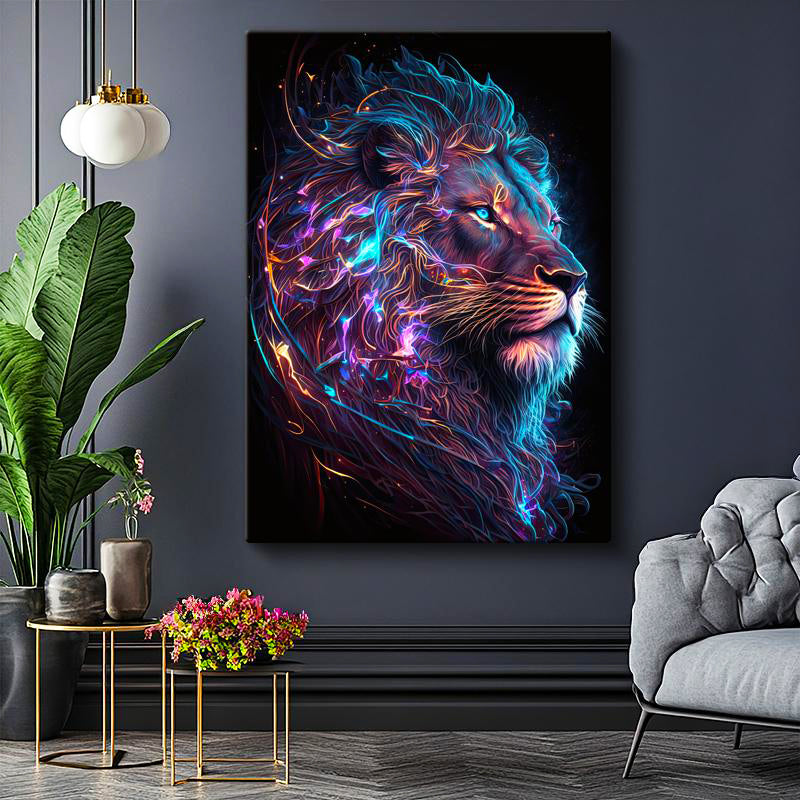 Dikey Kanvas Tablo Neon Çizgisel Aslan Tablosu Ev Ofis Duvar Dekoru
