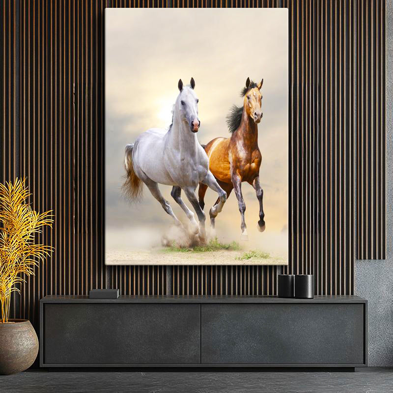 Dikey Kanvas Tablo Özgür Ruhlu İkili At Tablosu Ev Ofis Duvar Dekoru
