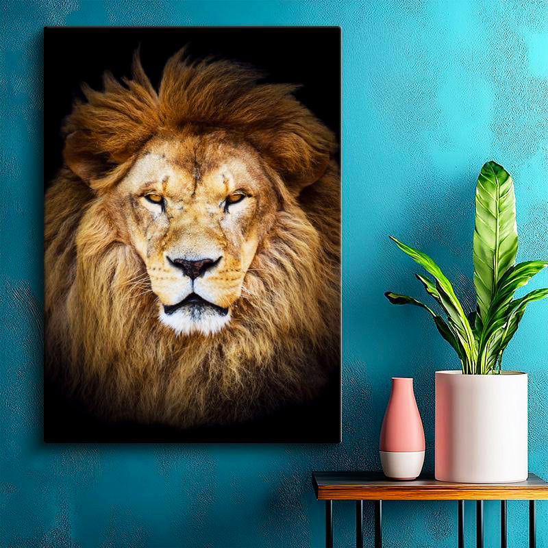 Dikey Kanvas Tablo Simetrik Yüz Hatlı Aslan Tablosu Ev Ofis Duvar Dekoru