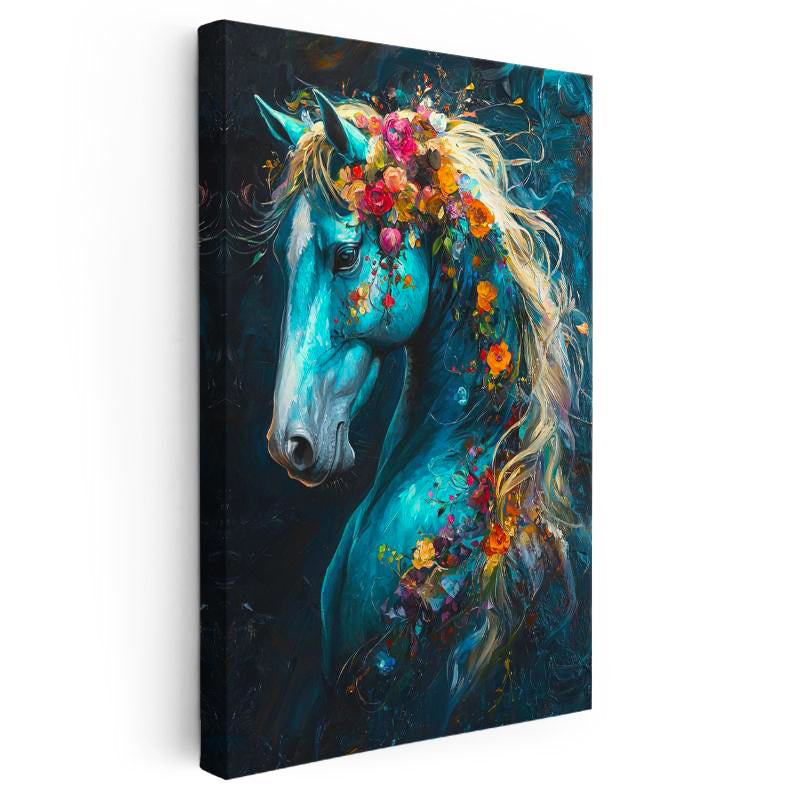 Dikey Kanvas Tablo Çiçekli Yele At Portresi At Tablosu Ev Ofis Duvar Dekoru