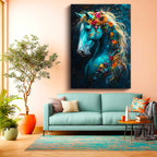 Dikey Kanvas Tablo Çiçekli Yele At Portresi At Tablosu Ev Ofis Duvar Dekoru