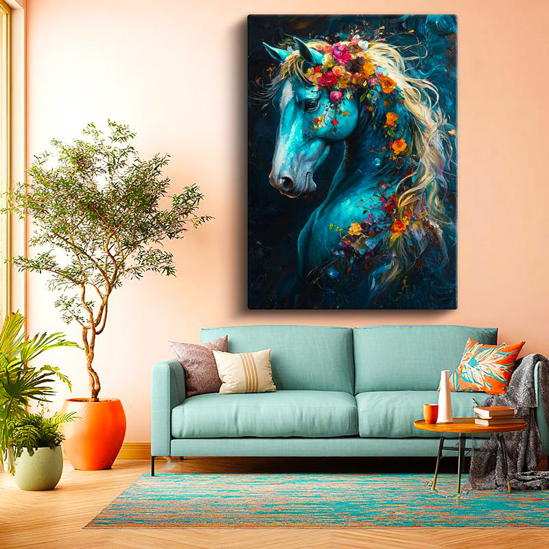 Dikey Kanvas Tablo Çiçekli Yele At Portresi At Tablosu Ev Ofis Duvar Dekoru