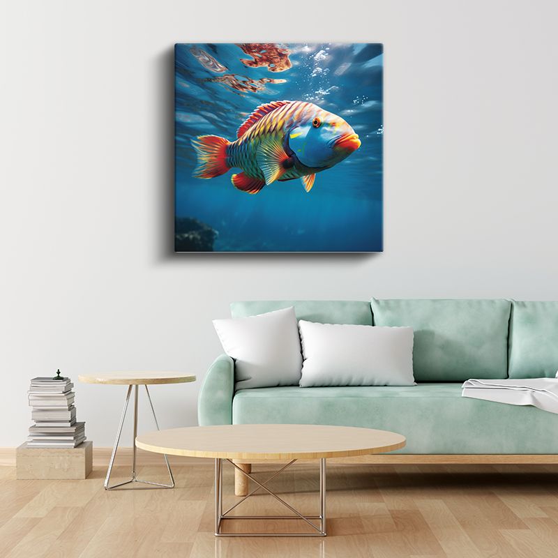 Tropikal Papağan Balığı - Mavi Derinliklerin Renkli Yüzücüsü Kanvas Tablo