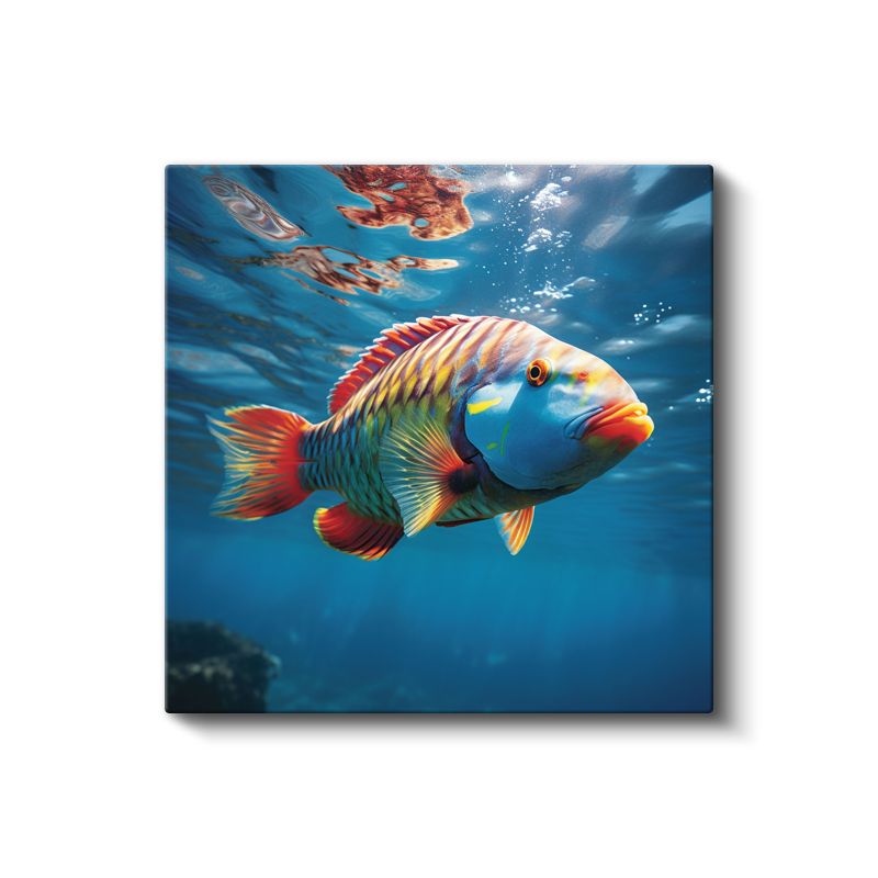 Tropikal Papağan Balığı - Mavi Derinliklerin Renkli Yüzücüsü Kanvas Tablo