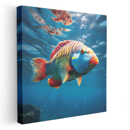 Tropikal Papağan Balığı - Mavi Derinliklerin Renkli Yüzücüsü Kanvas Tablo