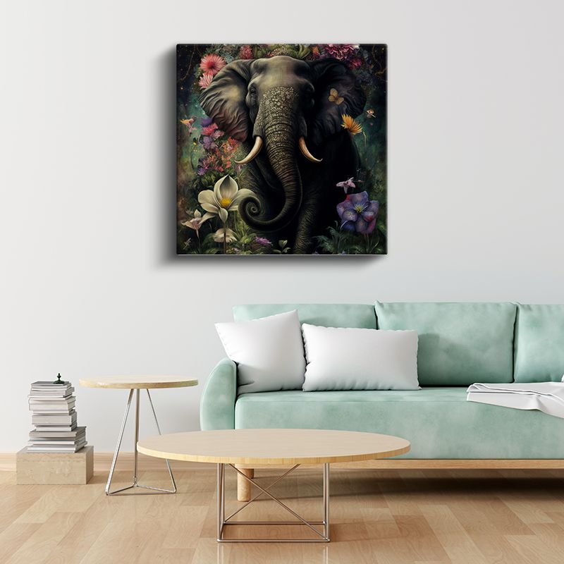 Çiçekler Arasında Fil - Zarif Devlerin Büyülü Portresi Kanvas Tablo