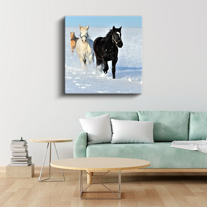 Karda Koşan Atlar - Özgürlüğün Beyaz Manzarasında Yarış Kanvas Tablo
