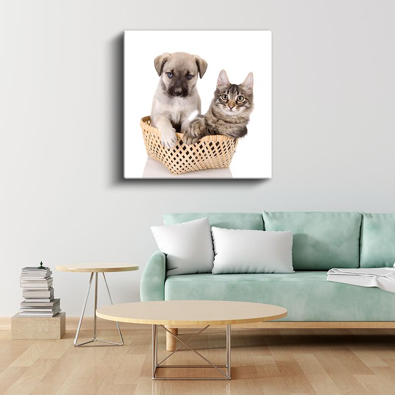 Sepetteki Dostlar - Yavru Köpek ve Kedi İkilisi Kanvas Tablo