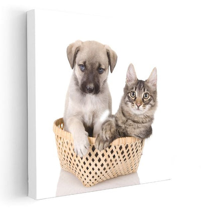Sepetteki Dostlar - Yavru Köpek ve Kedi İkilisi Kanvas Tablo