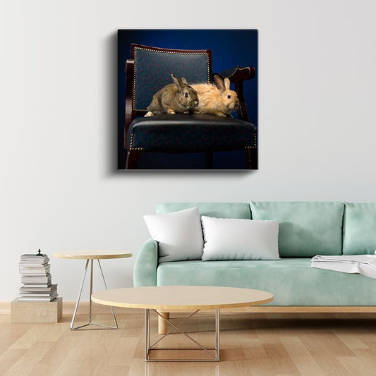 Koltukta Tavşanlar - Zarif İkili Dostluk Portresi Kanvas Tablo