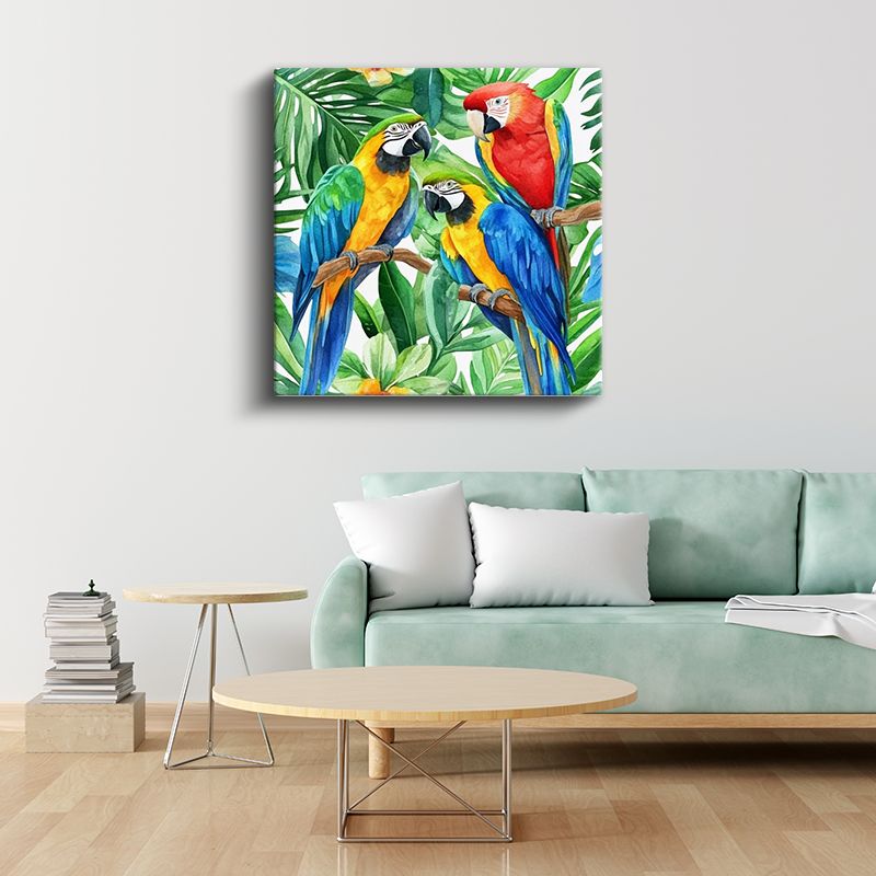 Tropikal Papağanlar - Yapraklar Arasında Renkli Üçlü Kanvas Tablo