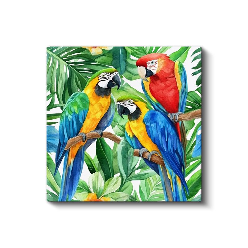 Tropikal Papağanlar - Yapraklar Arasında Renkli Üçlü Kanvas Tablo