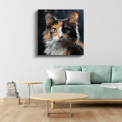 Üç Renkli Kedi Portresi - Derin Bakışların Gerçekçi Yansıması Kanvas Tablo