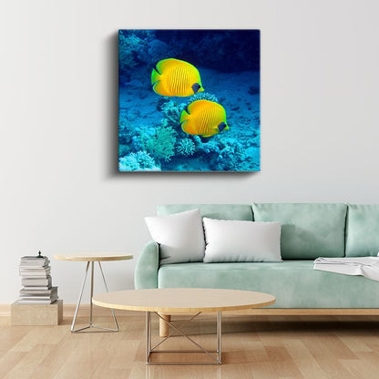 Sarı Mercan Balıkları - Mavi Derinliklerin İkili Dansı Kanvas Tablo