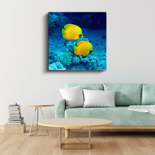 Sarı Mercan Balıkları - Mavi Derinliklerin İkili Dansı Kanvas Tablo