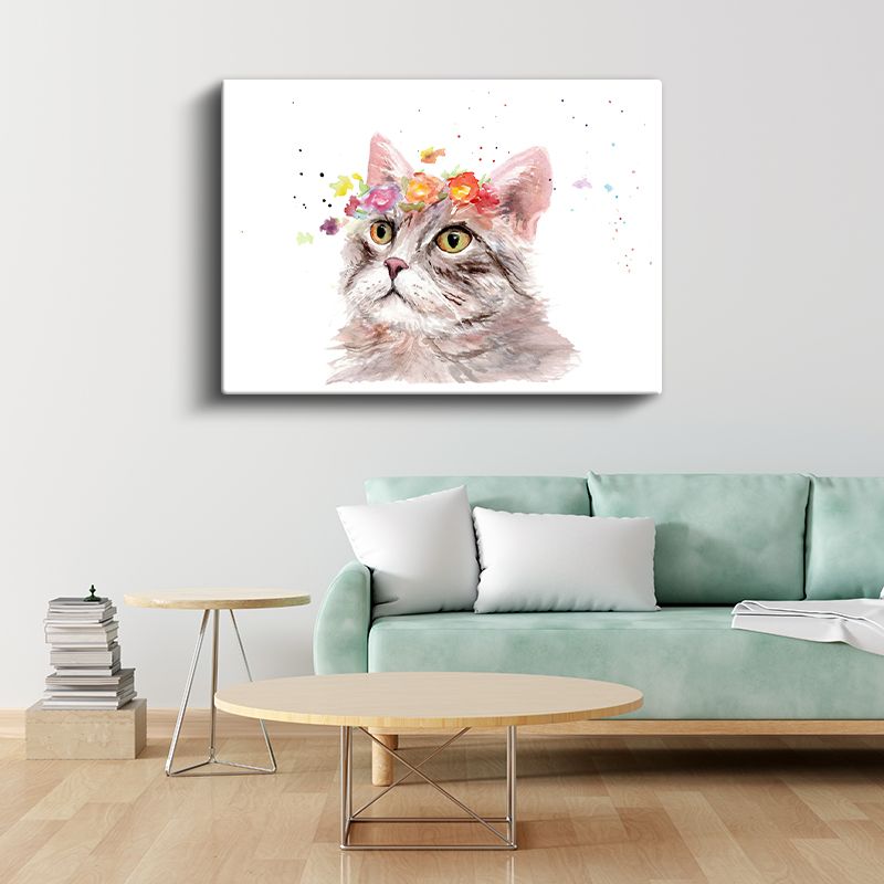Çiçekli Kedi - Sulu Boya Tarzında Sevimli Dost Kanvas Tablo