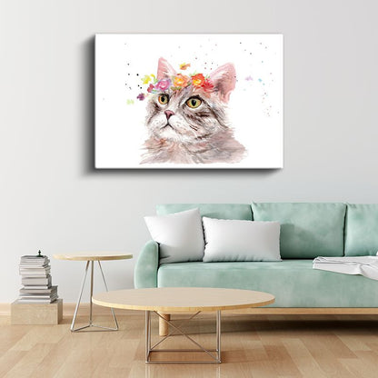 Çiçekli Kedi - Sulu Boya Tarzında Sevimli Dost Kanvas Tablo
