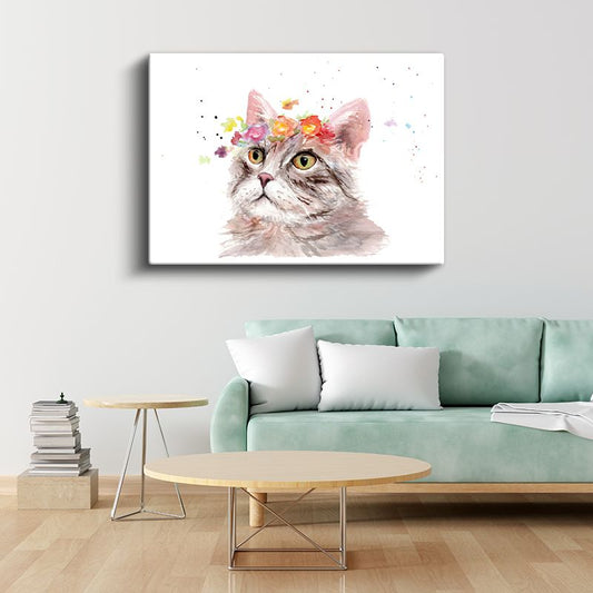 Çiçekli Kedi - Sulu Boya Tarzında Sevimli Dost Kanvas Tablo