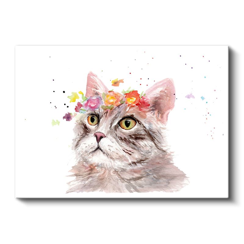 Çiçekli Kedi - Sulu Boya Tarzında Sevimli Dost Kanvas Tablo