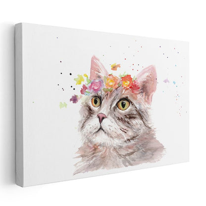 Çiçekli Kedi - Sulu Boya Tarzında Sevimli Dost Kanvas Tablo