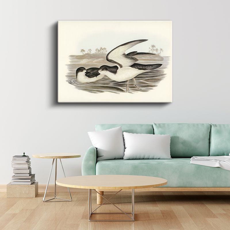 Vintage Deniz Kuşları - Sahilde Kanat Çırpan İkili Kanvas Tablo