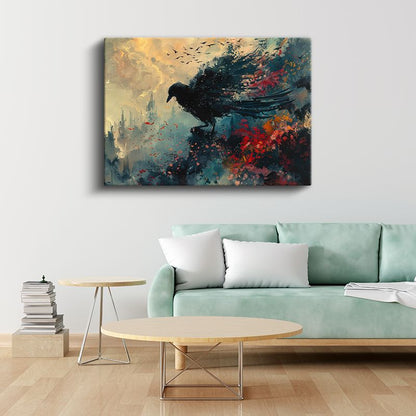 Soyut Kuzgun - Renklerin Kanatlarında Uçan Karanlık Haberci Kanvas Tablo