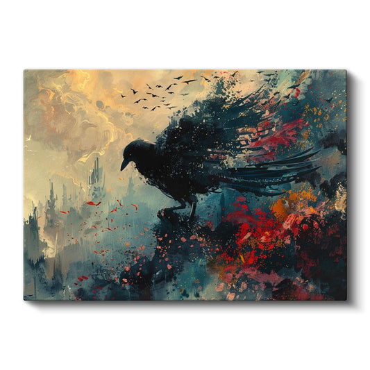 Soyut Kuzgun - Renklerin Kanatlarında Uçan Karanlık Haberci Kanvas Tablo