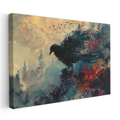 Soyut Kuzgun - Renklerin Kanatlarında Uçan Karanlık Haberci Kanvas Tablo