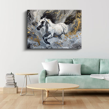 Beyaz At Silueti - Altın Sıçramalarla Süslenmiş Özgürlük Kanvas Tablo