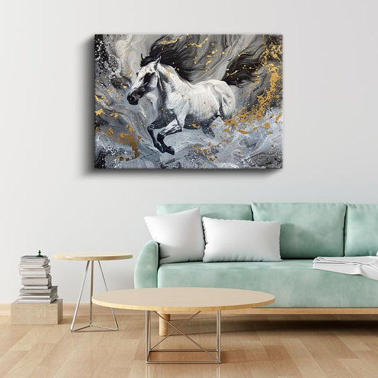 Beyaz At Silueti - Altın Sıçramalarla Süslenmiş Özgürlük Kanvas Tablo