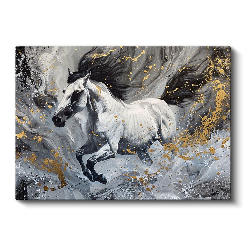 Beyaz At Silueti - Altın Sıçramalarla Süslenmiş Özgürlük Kanvas Tablo
