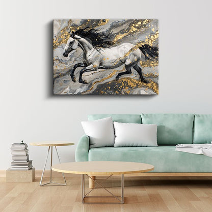 Koşan Beyaz At - Gri ve Altın Tonlarında Dinamik Hareket Kanvas Tablo