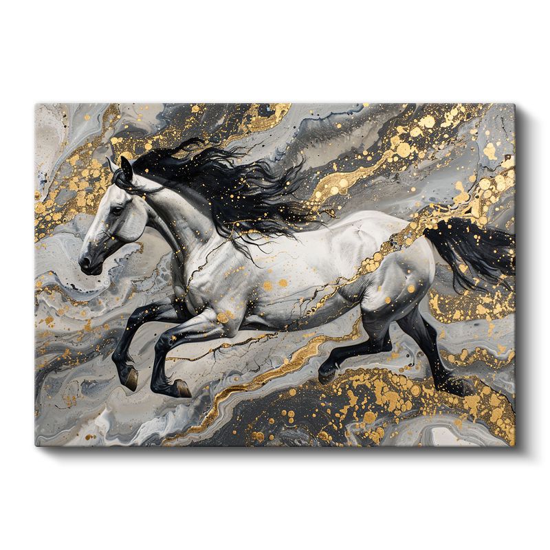 Koşan Beyaz At - Gri ve Altın Tonlarında Dinamik Hareket Kanvas Tablo