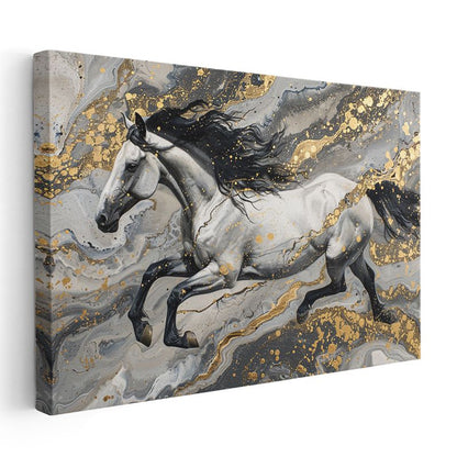 Koşan Beyaz At - Gri ve Altın Tonlarında Dinamik Hareket Kanvas Tablo