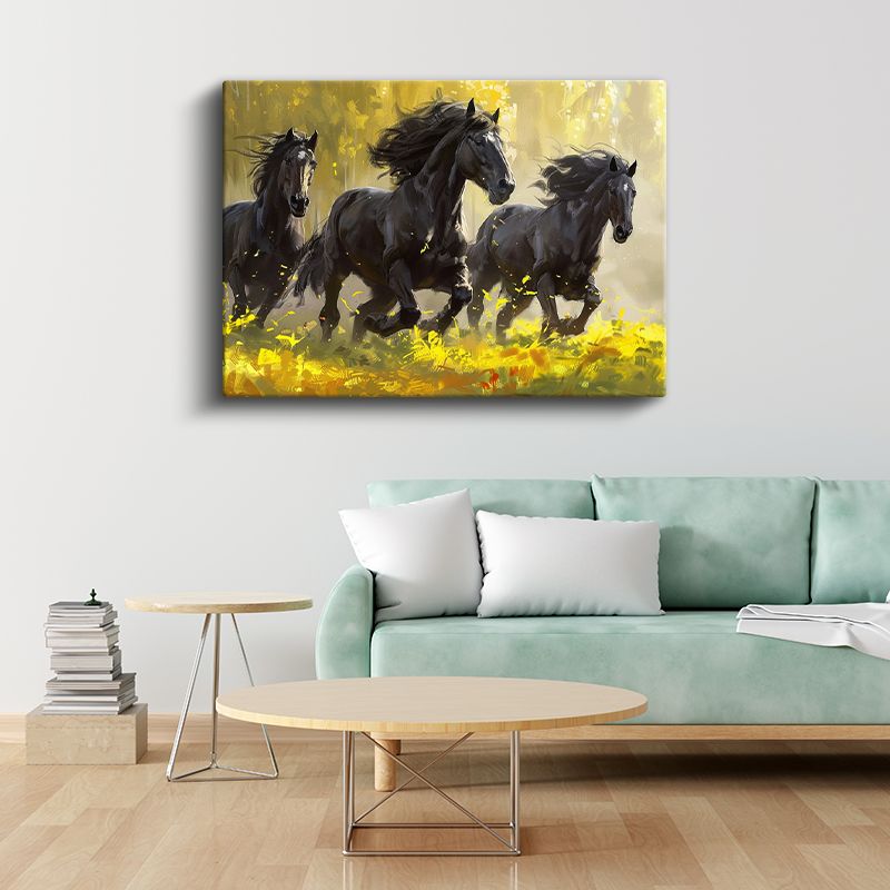 Siyah Atlar Sürüsü - Altın Çayırda Vahşi Koşu Kanvas Tablo