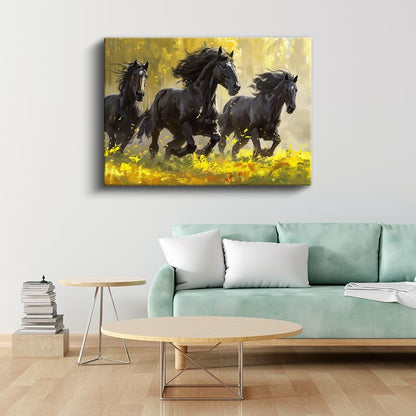 Siyah Atlar Sürüsü - Altın Çayırda Vahşi Koşu Kanvas Tablo