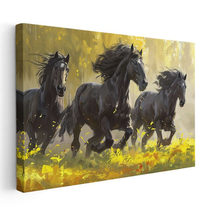 Siyah Atlar Sürüsü - Altın Çayırda Vahşi Koşu Kanvas Tablo