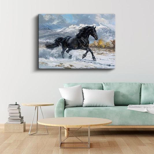 Karlı Arazide At - Kış Manzarasında Siyah Güzellik Kanvas Tablo