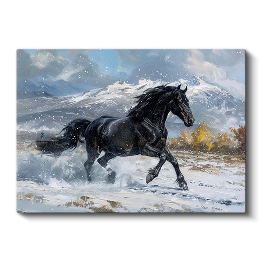 Karlı Arazide At - Kış Manzarasında Siyah Güzellik Kanvas Tablo