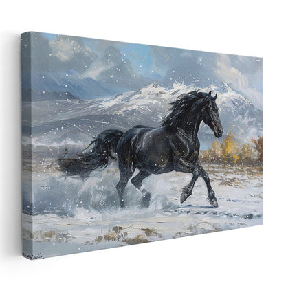 Karlı Arazide At - Kış Manzarasında Siyah Güzellik Kanvas Tablo