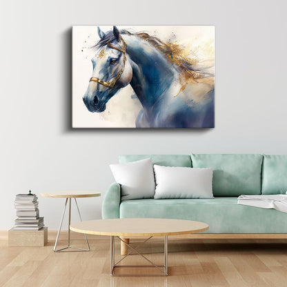 Mavi Tonlarda At - Altın Detaylarla Süslenmiş Asalet Kanvas Tablo
